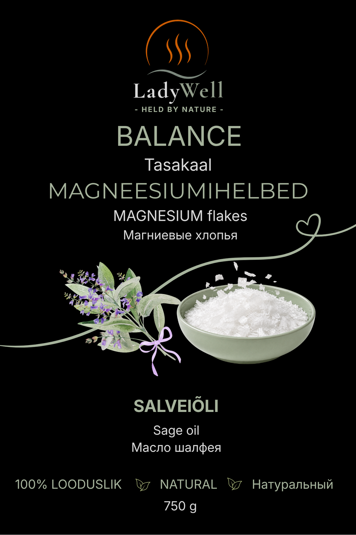 „Tasakaal“ magneesiumihelveste 750 g pakendi esikülg – salveiõli aroom
