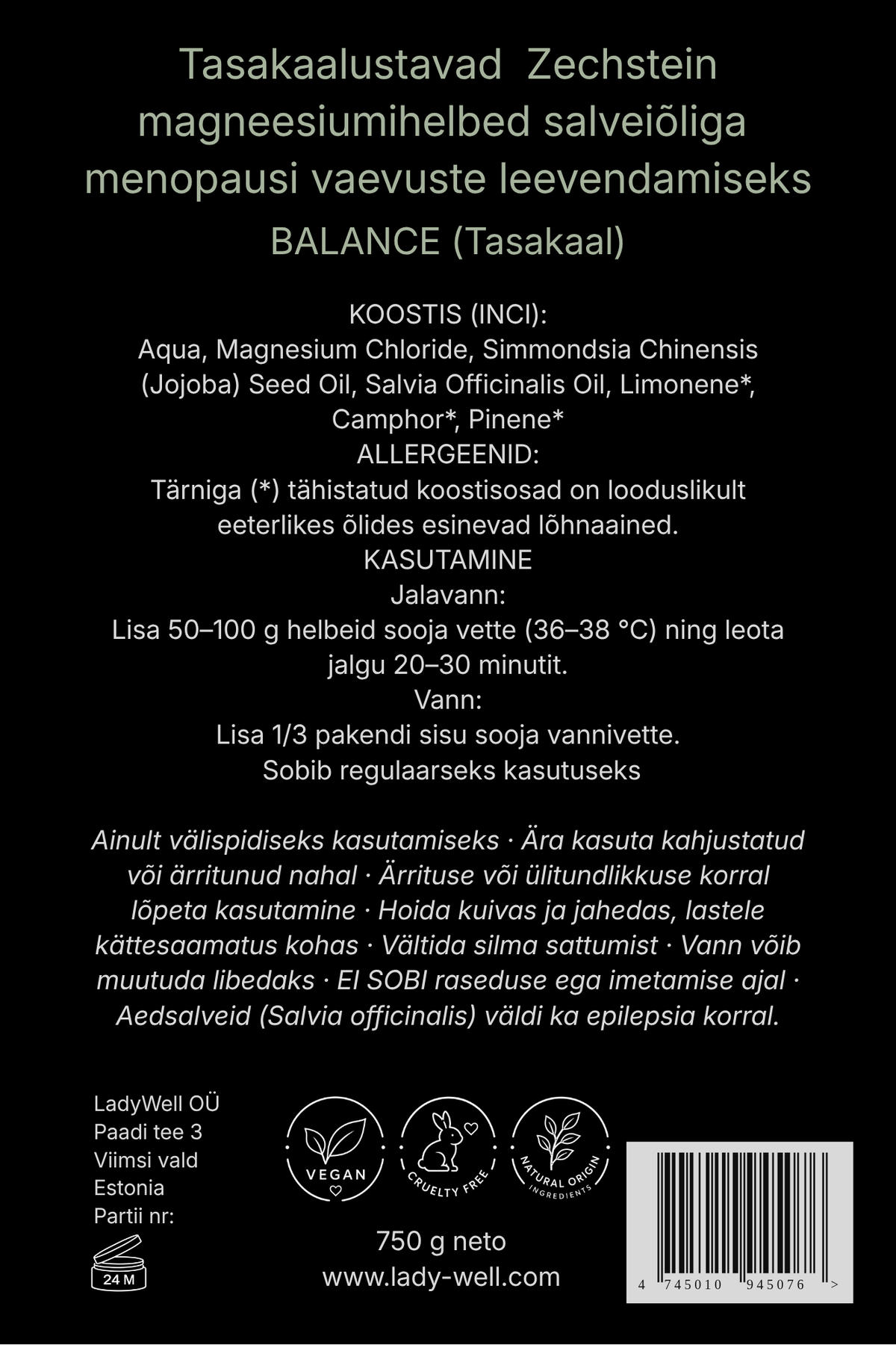 „Tasakaal“ magneesiumihelveste pakendi tagakülg 750g – koostis ja kasutusjuhend