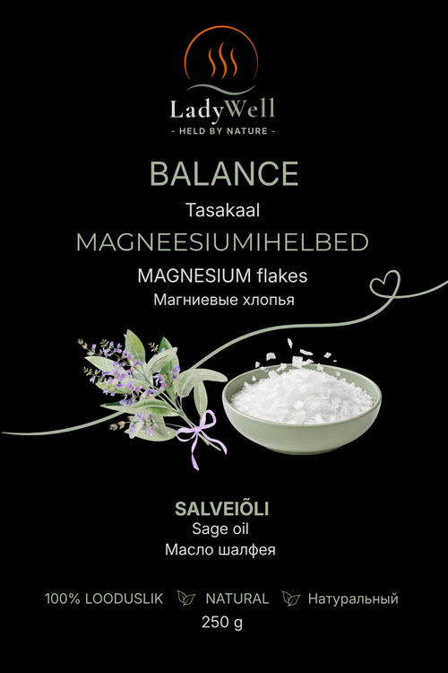„Tasakaal“ magneesiumihelveste 250 g pakendi esikülg – salveiõli aroom