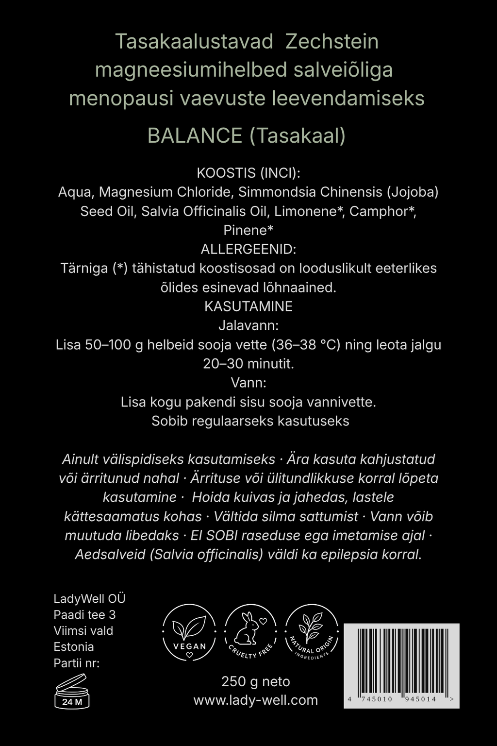 „Tasakaal“ magneesiumihelveste pakendi tagakülg 250g – koostis ja kasutusjuhend