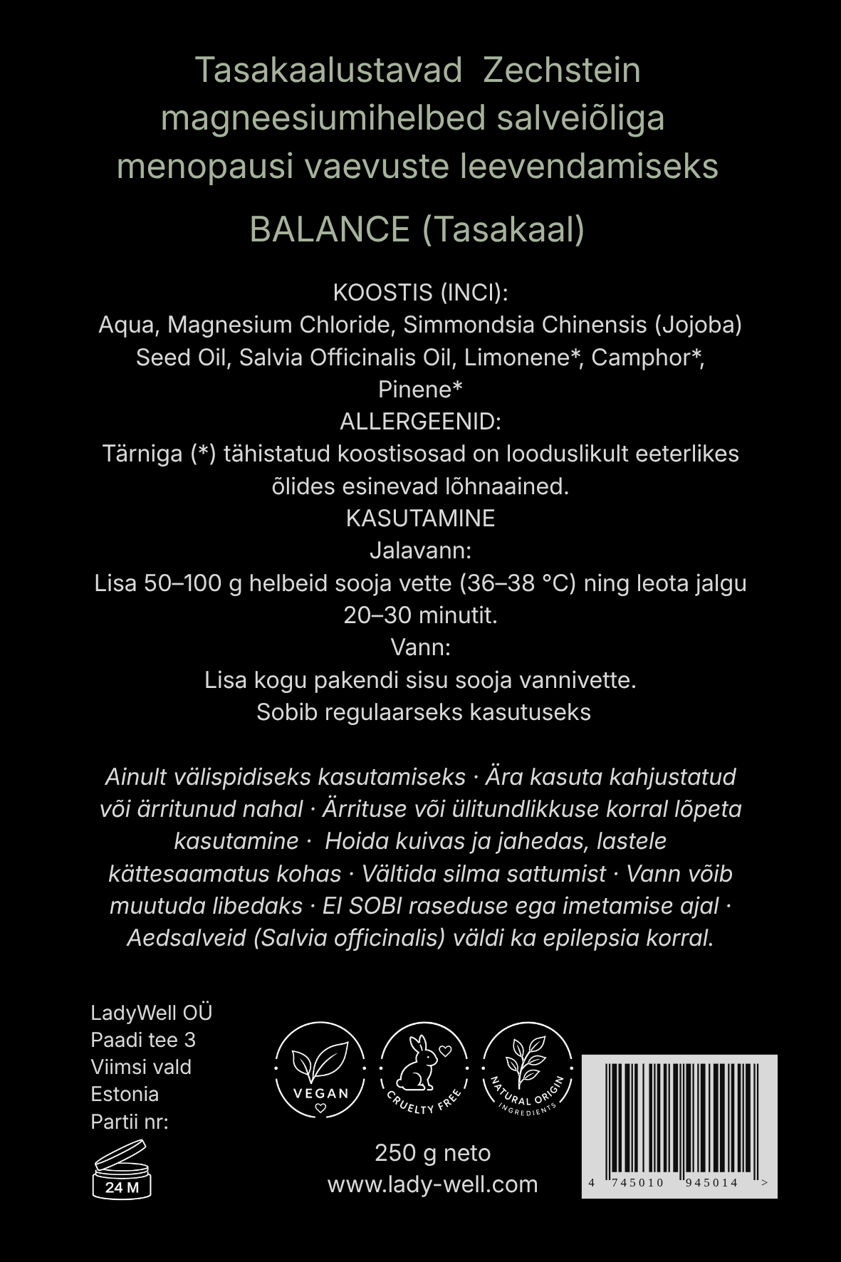„Tasakaal“ magneesiumihelveste pakendi tagakülg 250g – koostis ja kasutusjuhend