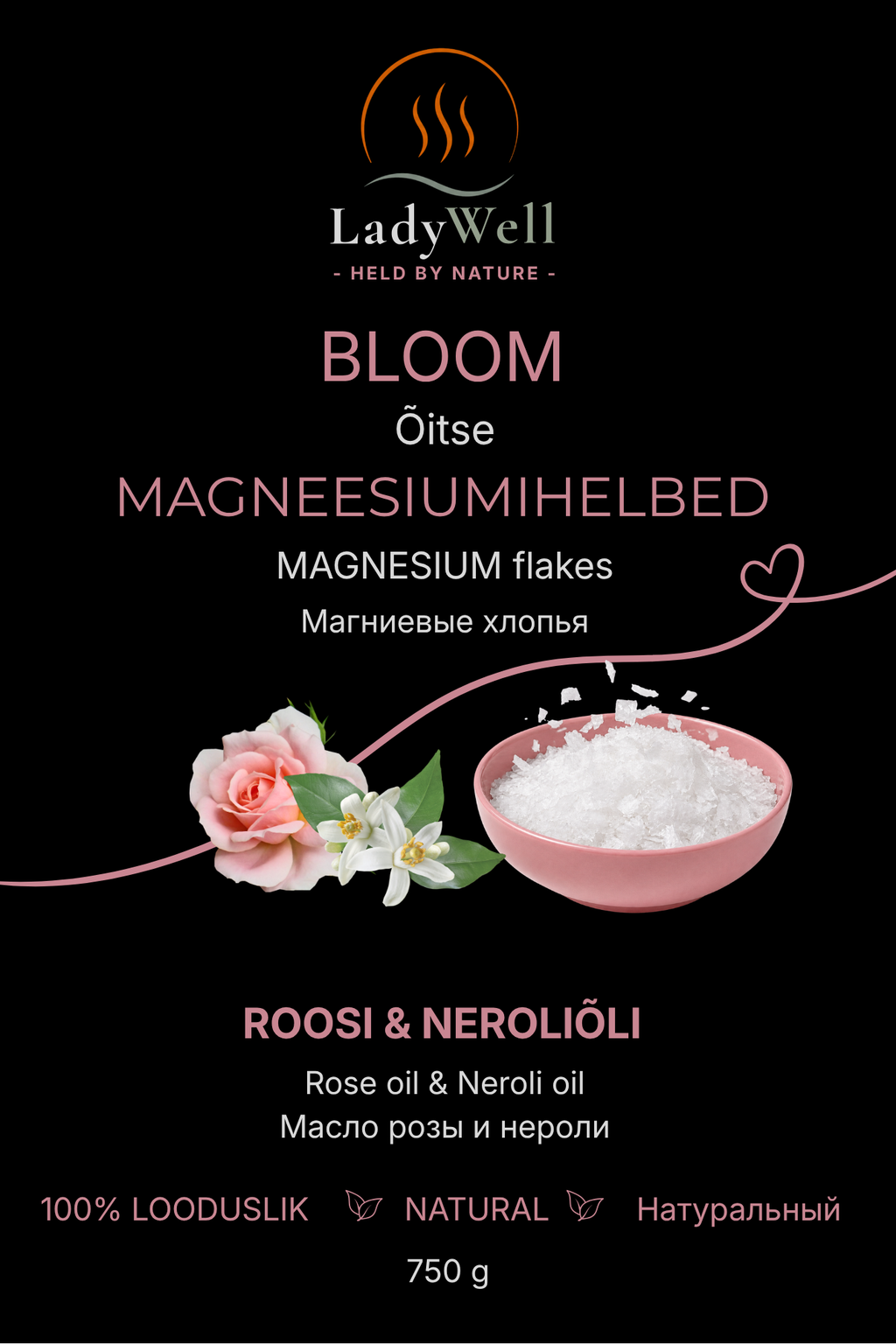 „Õitse“ magneesiumihelveste 750 g pakendi esikülg – roos ja neroli