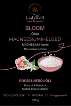 „Õitse“ magneesiumihelveste 750 g pakendi esikülg – roos ja neroli