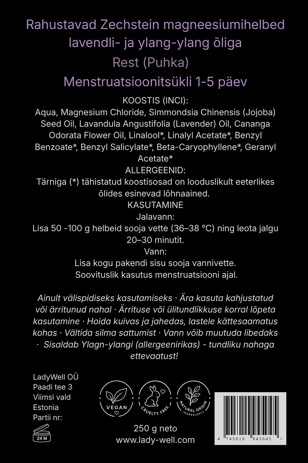 „Puhka“ magneesiumihelveste pakendi tagakülg 250g – koostis ja kasutusjuhend