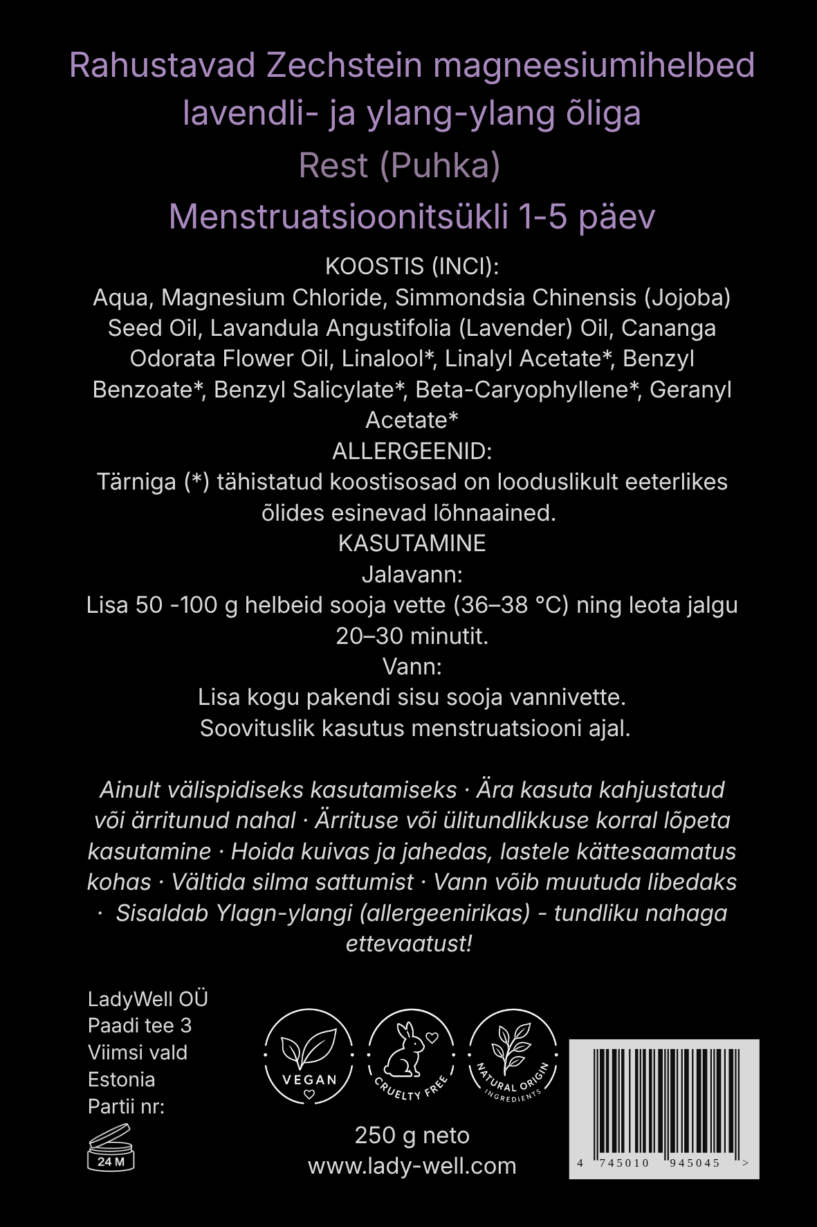 „Puhka“ magneesiumihelveste pakendi tagakülg 250g – koostis ja kasutusjuhend