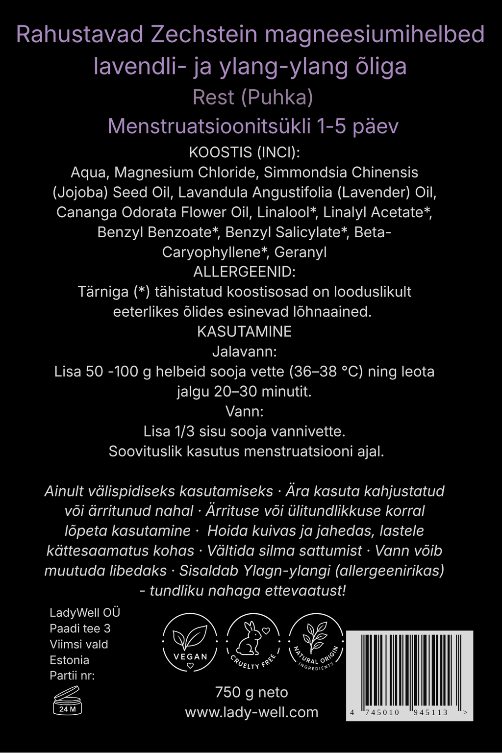 „Puhka“ magneesiumihelveste pakendi tagakülg 750 g – koostis ja kasutusjuhend