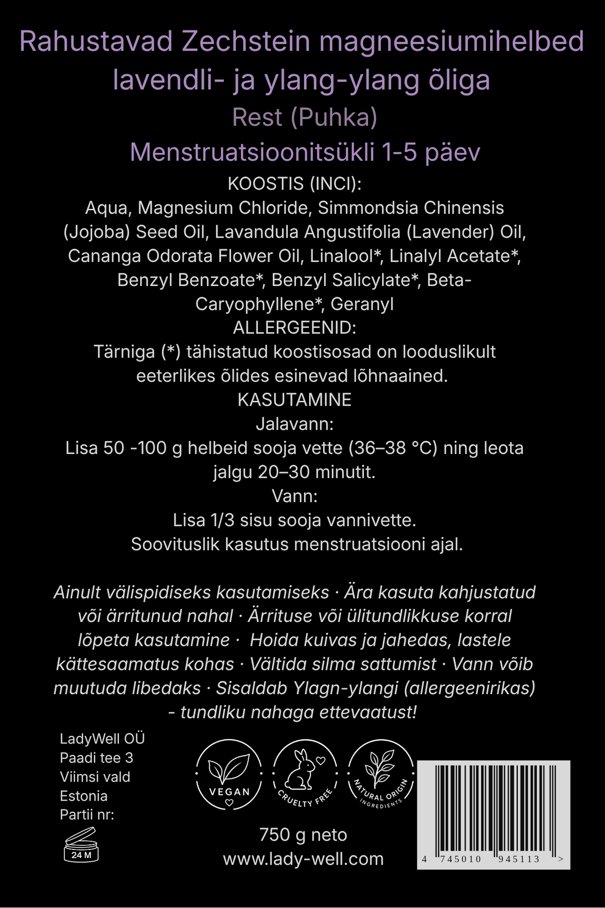 „Puhka“ magneesiumihelveste pakendi tagakülg 750 g – koostis ja kasutusjuhend