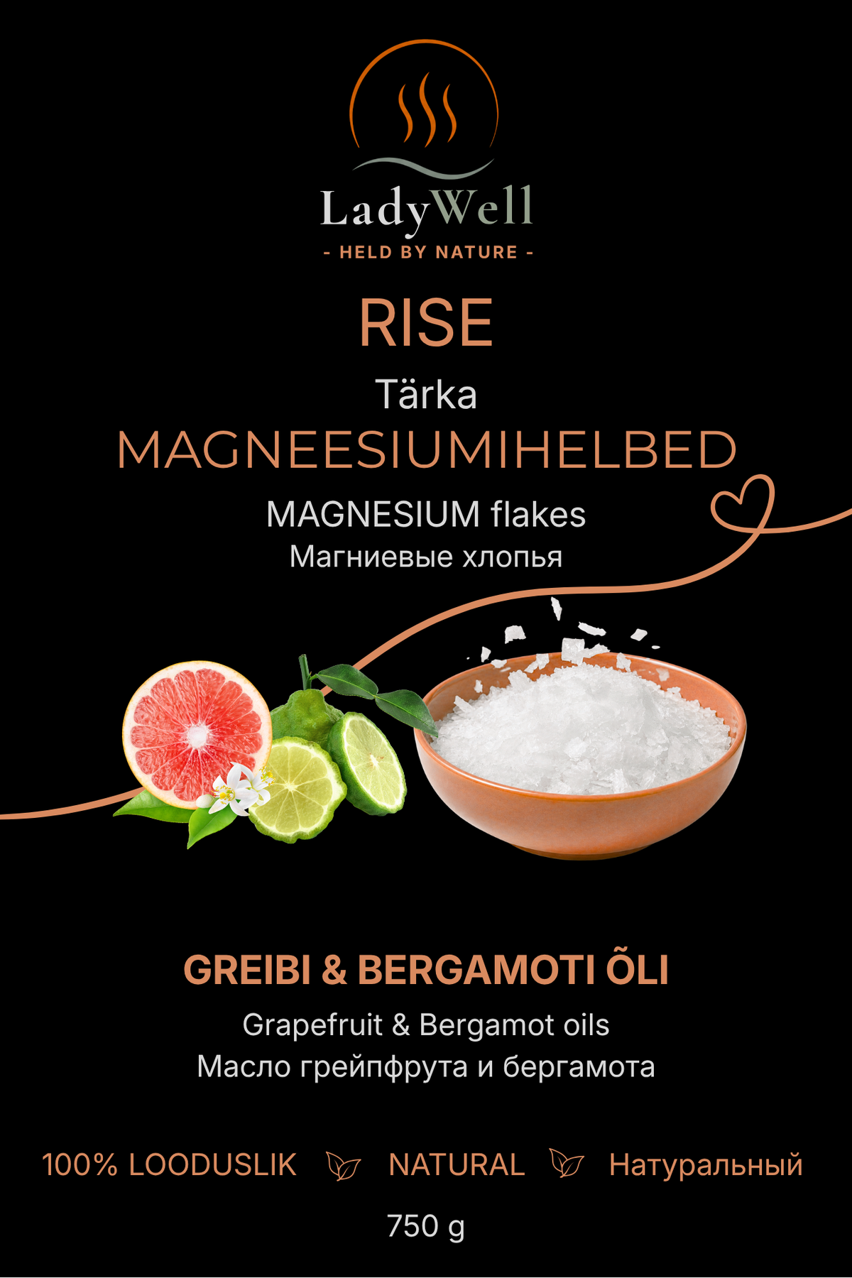 „Tärka“ magneesiumihelveste 750 g pakendi esikülg – bergamot ja greip
