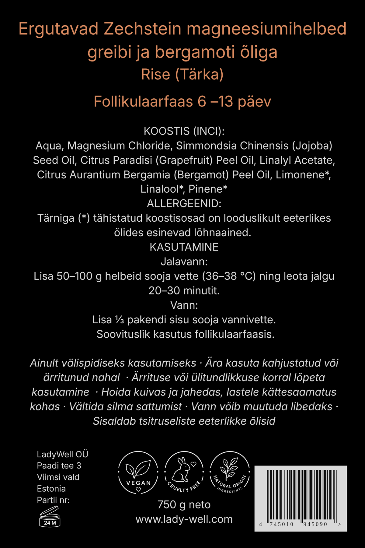 
„Tärka“ magneesiumihelveste pakendi tagakülg 750g – koostis ja kasutusjuhend
