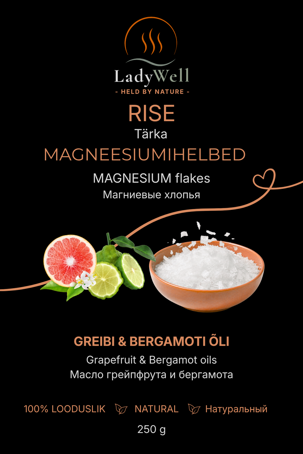 „Tärka“ magneesiumihelveste 250 g pakendi esikülg – bergamot ja greip