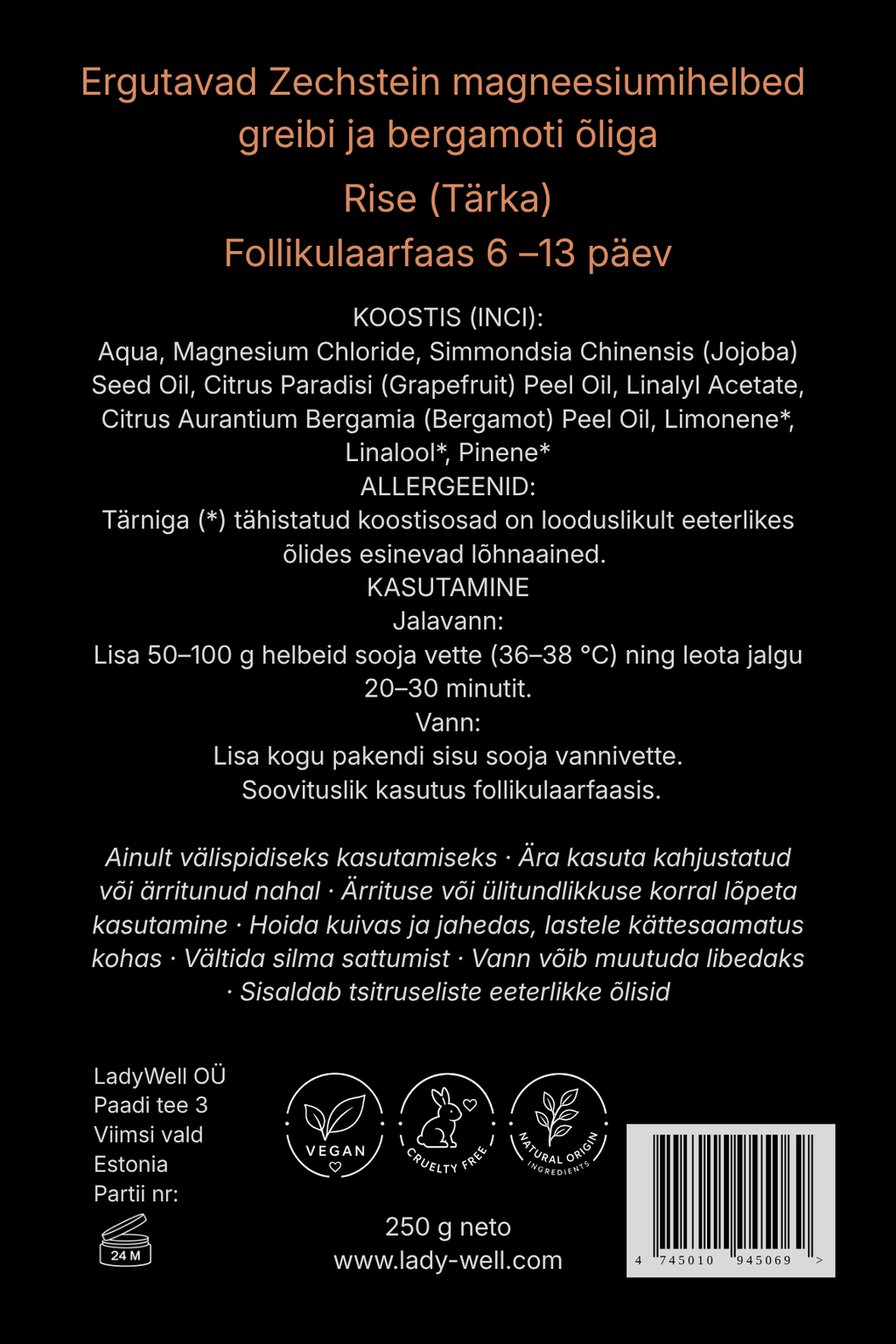 
„Tärka“ magneesiumihelveste pakendi tagakülg 250g – koostis ja kasutusjuhend
