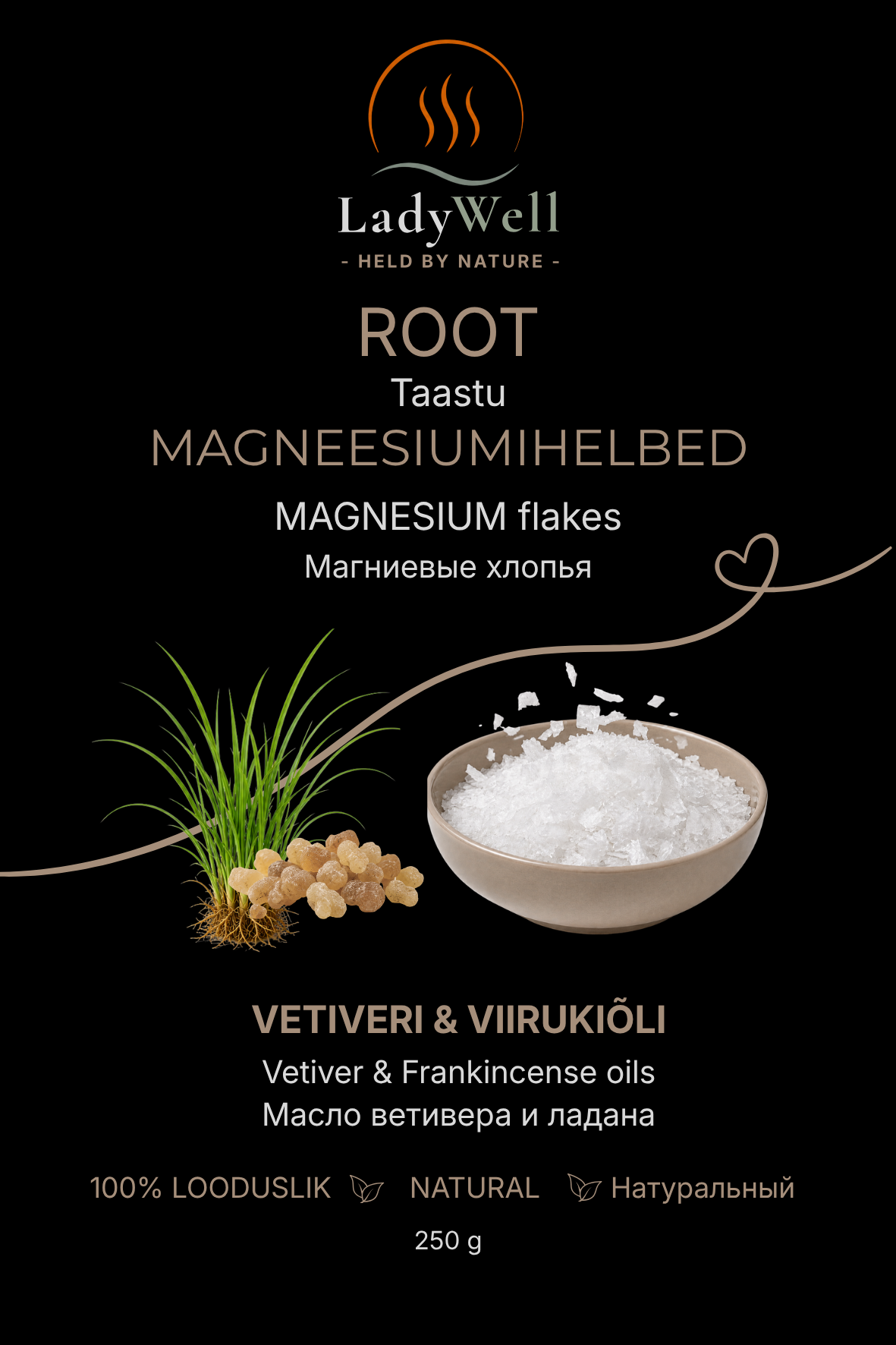„Taastu“ magneesiumihelveste 250 g pakendi esikülg – vetiver ja viiruk