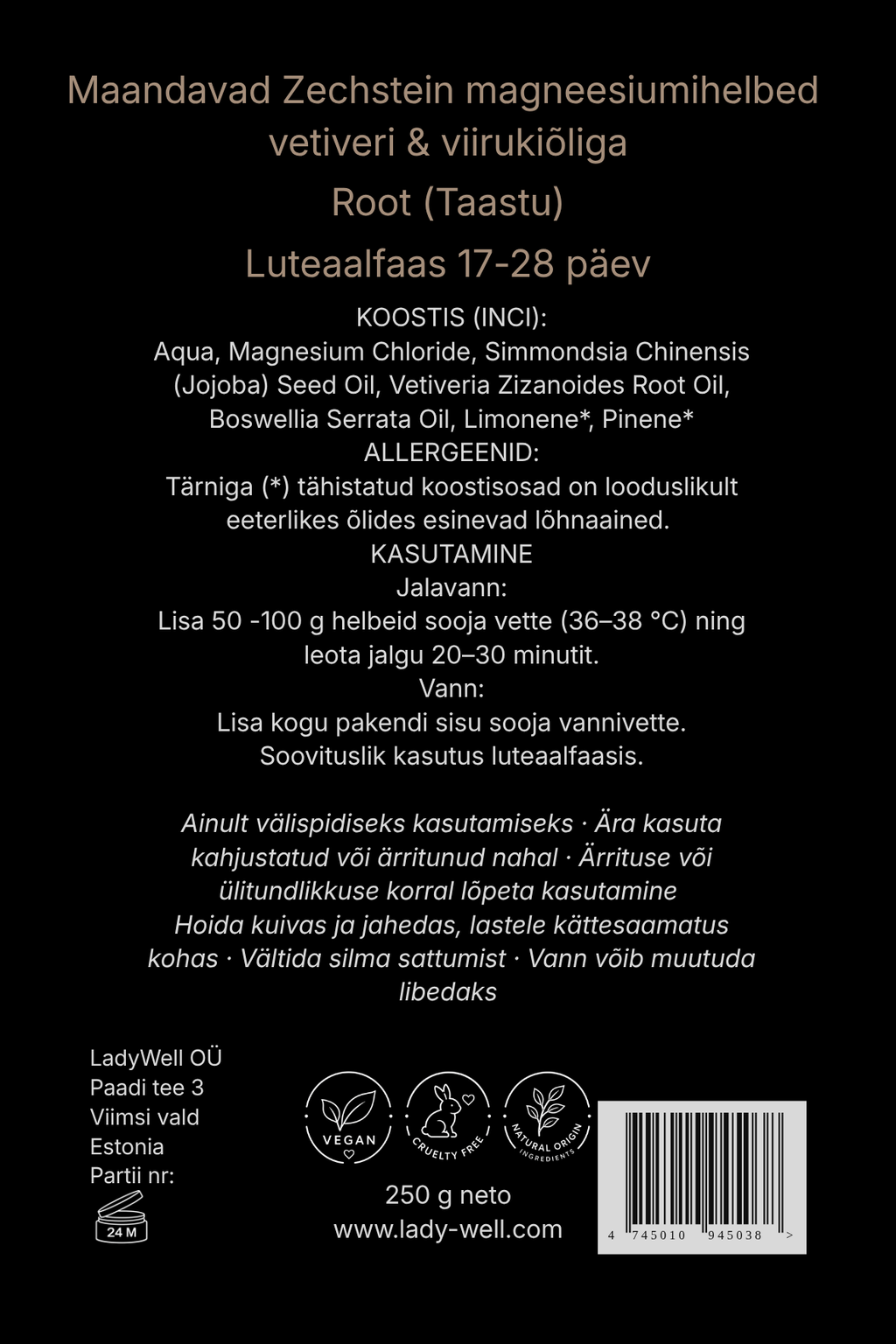„Taastu“ magneesiumihelveste pakendi tagakülg 250g – koostis ja kasutusjuhend