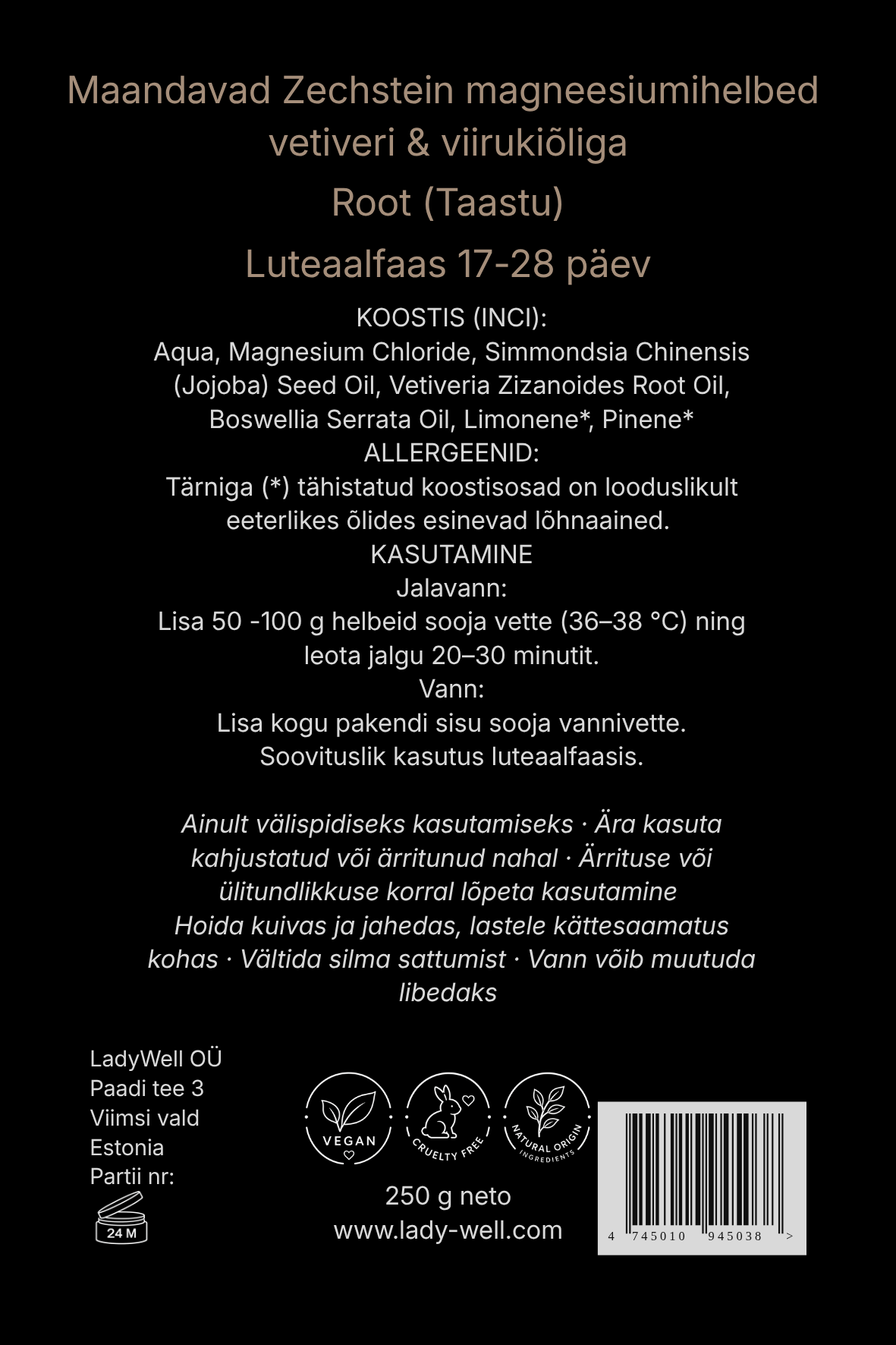 „Taastu“ magneesiumihelveste pakendi tagakülg 250g – koostis ja kasutusjuhend