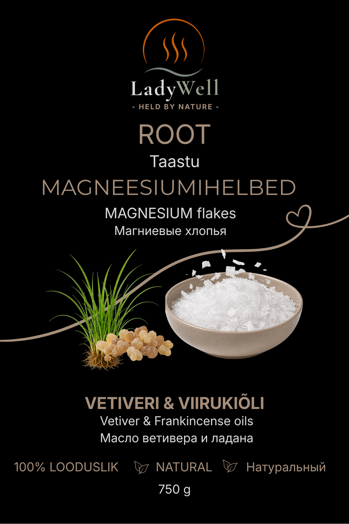 „Taastu“ magneesiumihelveste 750 g pakendi esikülg – vetiver ja viiruk
