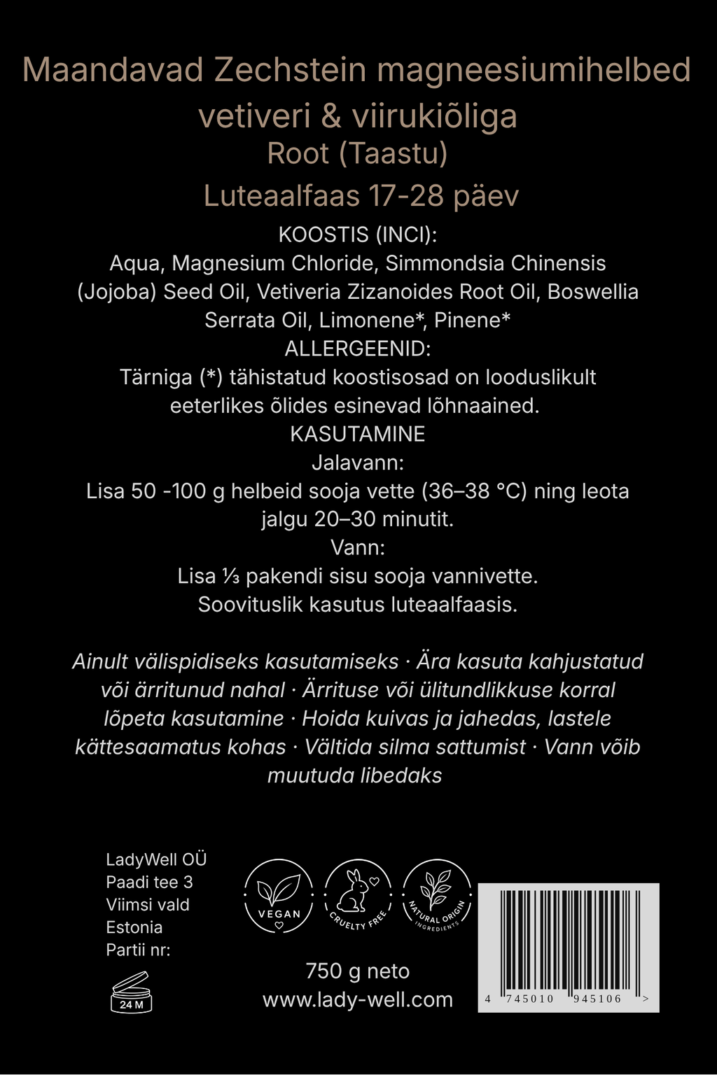 „Taastu“ magneesiumihelveste pakendi tagakülg 750g – koostis ja kasutusjuhend